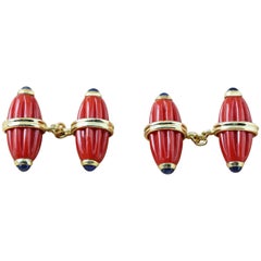 18 Karat Yellow Gold Mediterranean Coral Sapphires Carved Oval Cufflinks