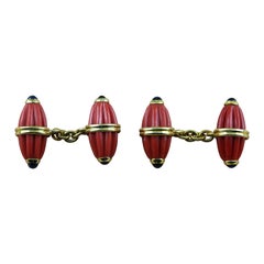 18 Karat Yellow Gold Mediterranean Coral Sapphires Cufflinks