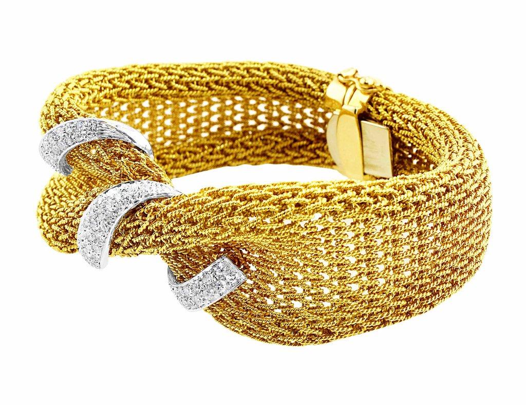 Yellow Gold Mesh Diamond Bracelet. Estate 18k yellow gold mesh bracelet patterned with diamonds weighing 1cttw.