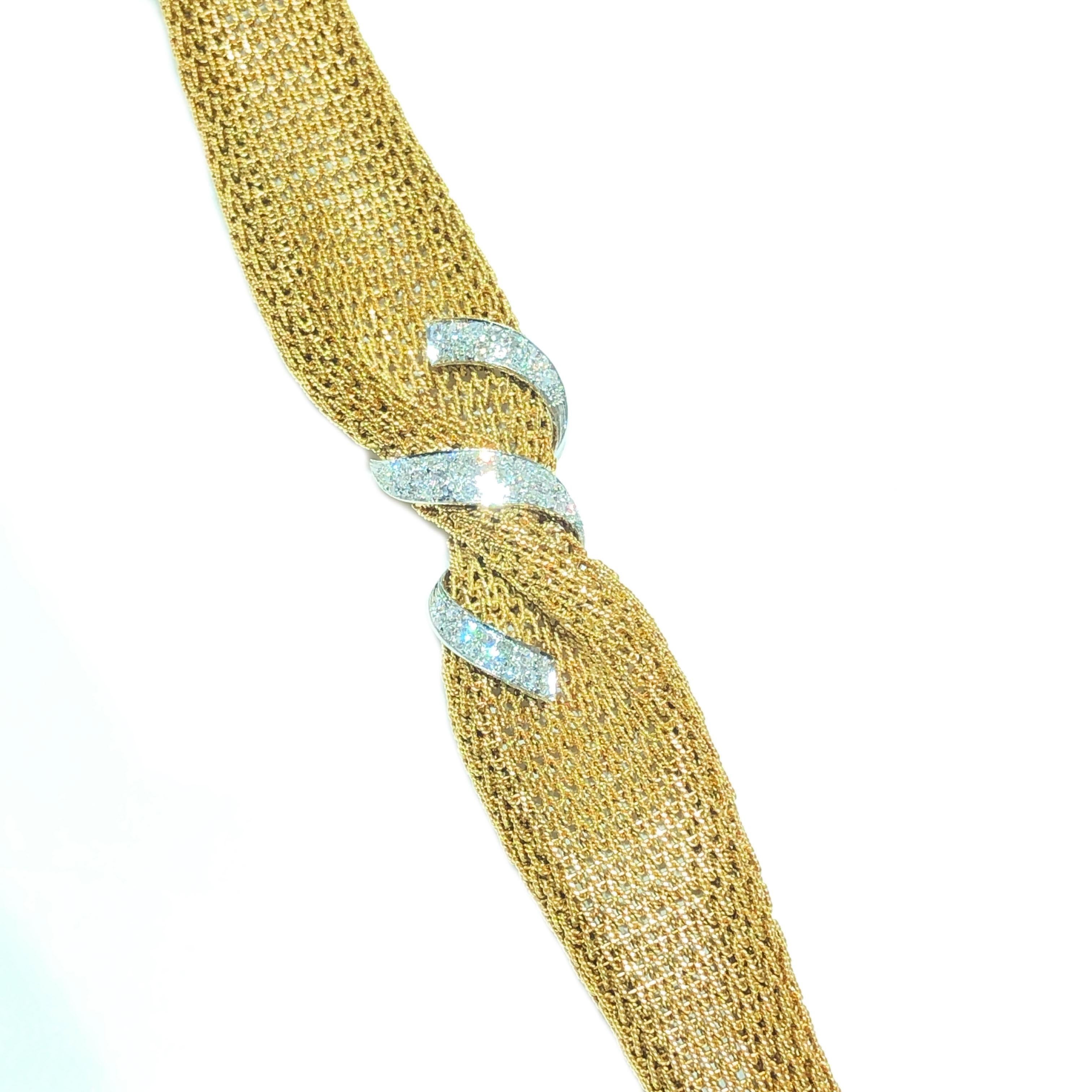 Round Cut 18 Karat Yellow Gold Mesh Diamond Bracelet For Sale
