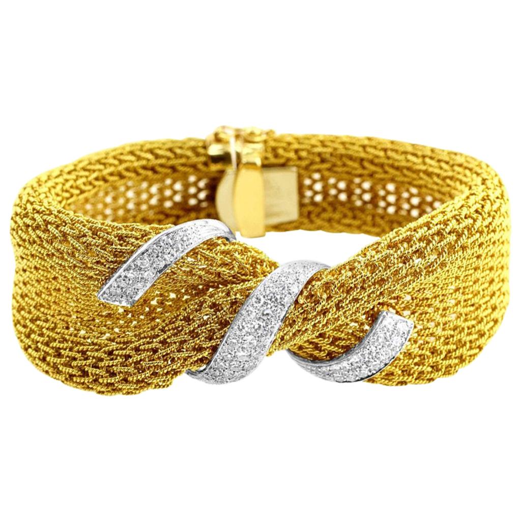 18 Karat Yellow Gold Mesh Diamond Bracelet For Sale