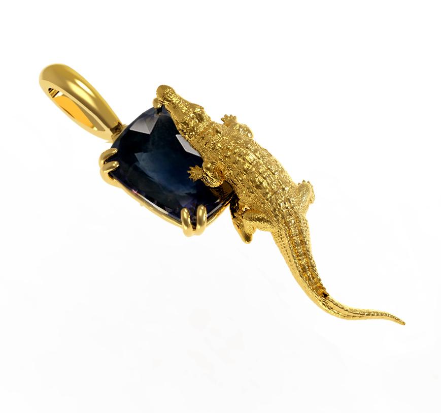 This contemporary Mesopotamian pendant necklace features a 4.32 carat natural dark blue cushion sapphire, 12.8x8.5 mm, encrusted in 18 karat yellow gold. The gem catches the eye and is well-designed in a contemporary pendant necklace.

You can order