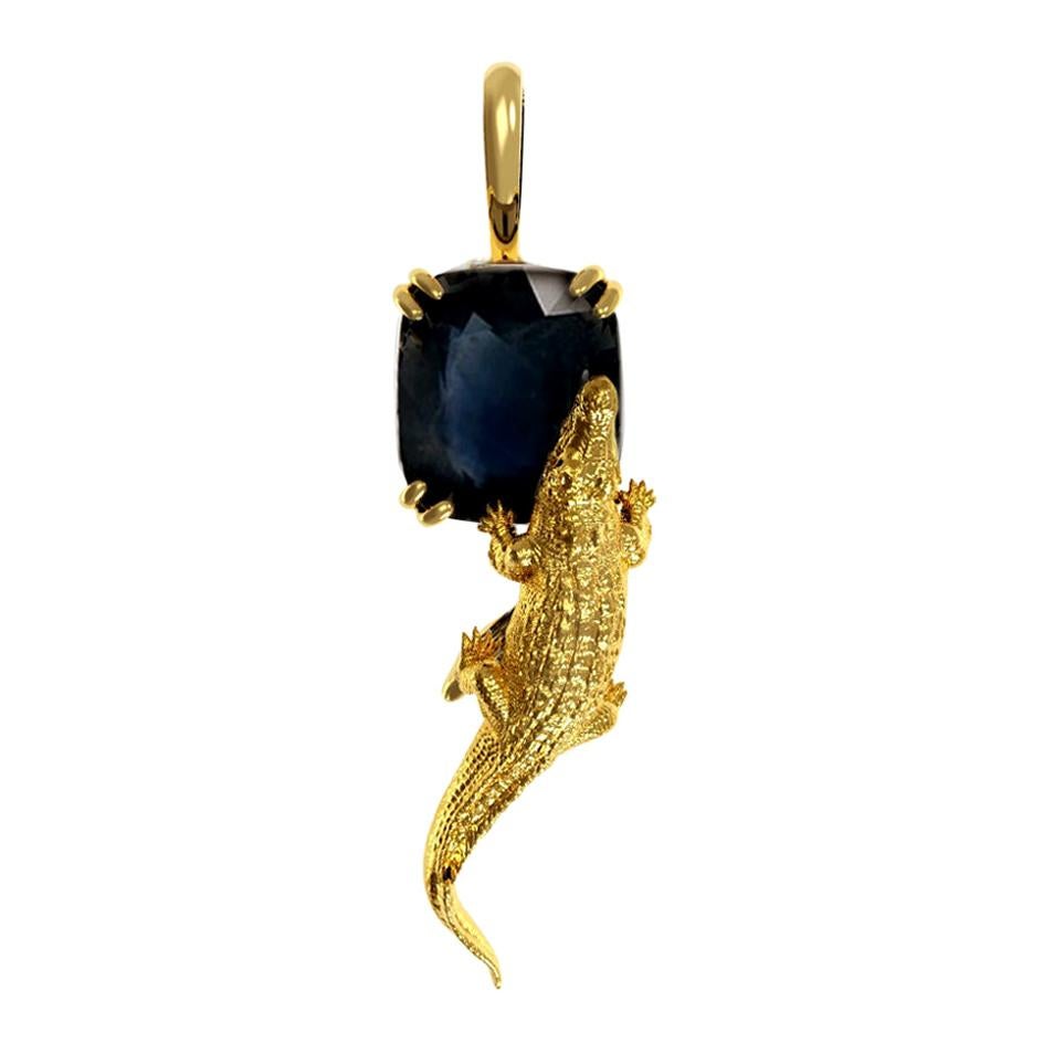 Eighteen Karat Yellow Gold Mesopotamian Pendant Necklace with Cushion Sapphire For Sale