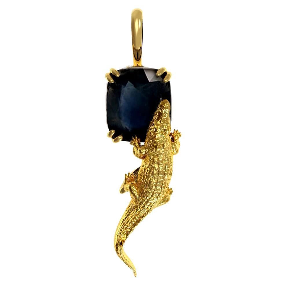 Eighteen Karat Yellow Gold Mesopotamian Pendant Necklace with Cushion Sapphire For Sale