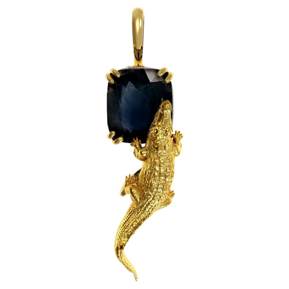 Eighteen Karat Yellow Gold Mesopotamian Pendant Necklace with Blue Sapphire