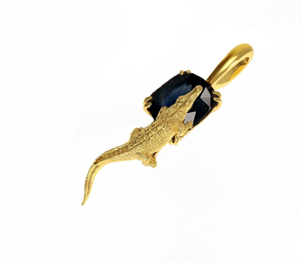 Women's or Men's Eighteen Karat Yellow Gold Mesopotamian Pendant Necklace with Blue Sapphire For Sale