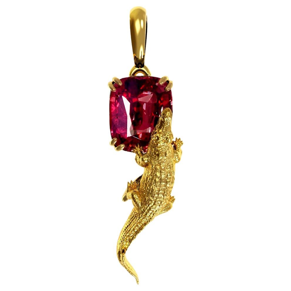 Yellow Gold Mesopotamian Pendant Necklace with Cushion Rhodolite