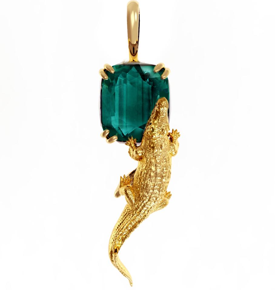 Women's or Men's Yellow Gold Mesopotamian Pendant Necklace with Indicolite Tourmaline For Sale