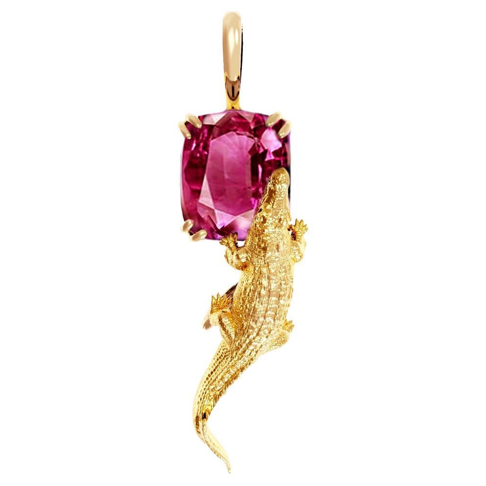Eighteen Karat Yellow Gold Mesopotamian Pendant Necklace with Pink Tourmaline For Sale