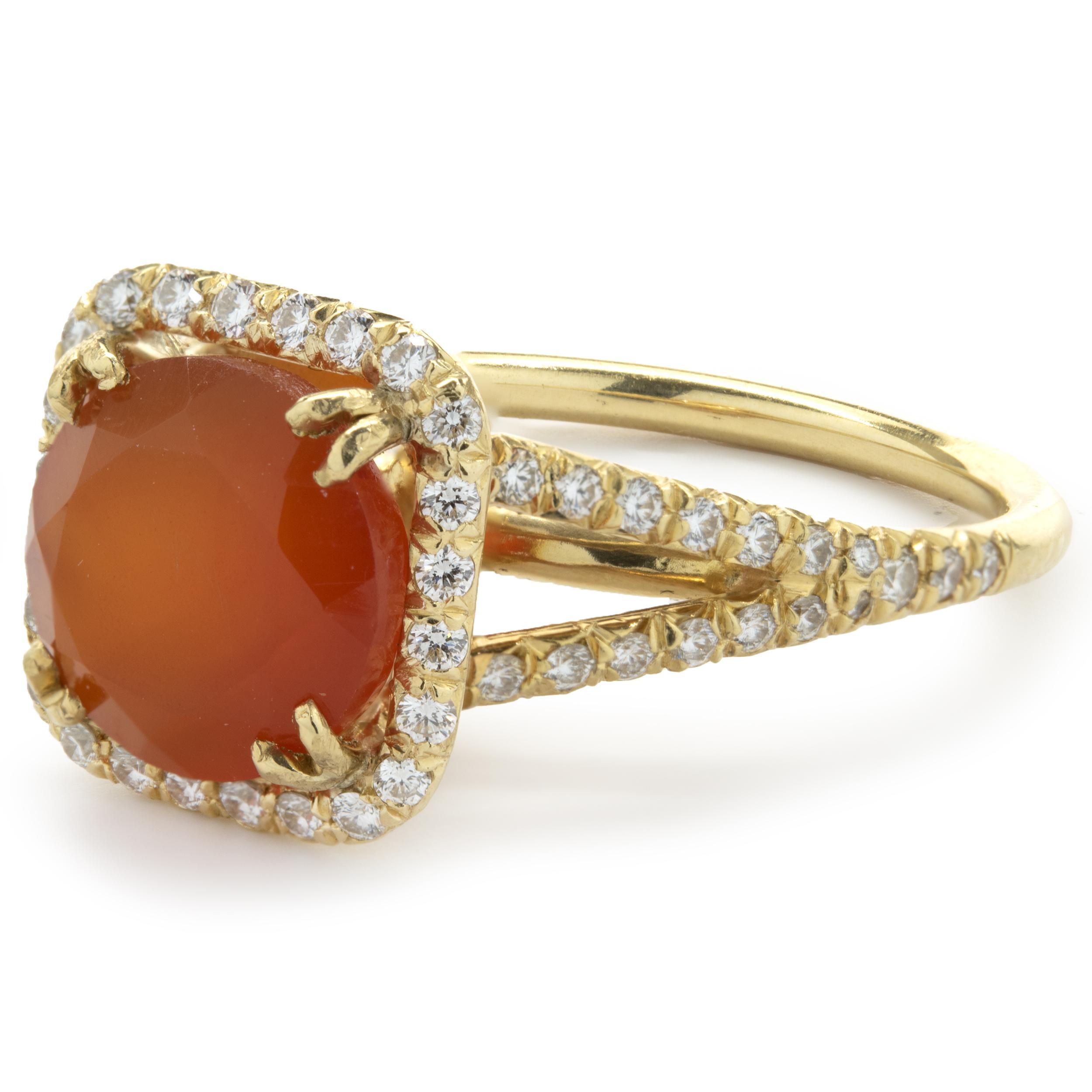 Cushion Cut 18 Karat Yellow Gold Mexican Fire Opal and Diamond Ring For Sale