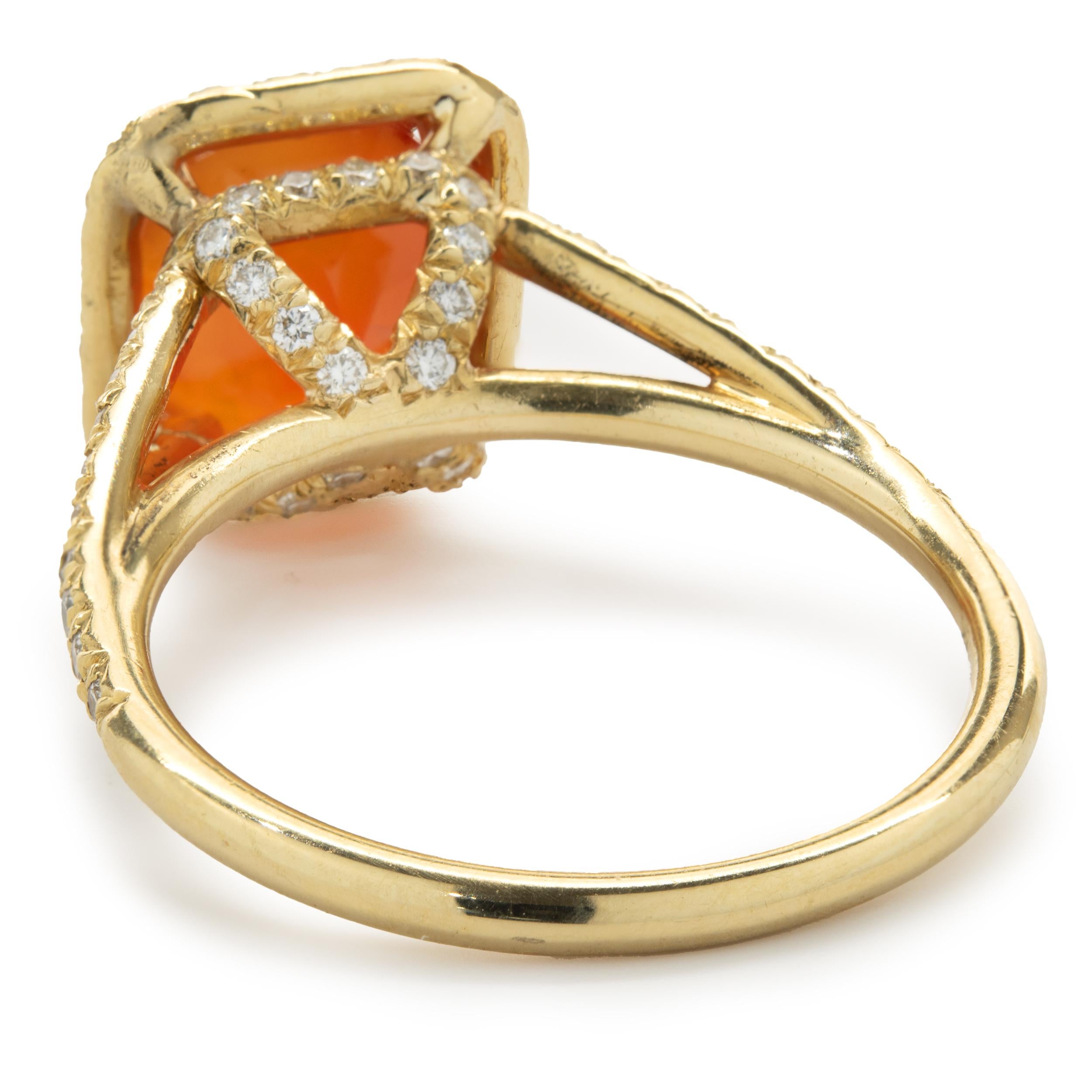 18 Karat Yellow Gold Mexican Fire Opal and Diamond Ring In Excellent Condition For Sale In Scottsdale, AZ