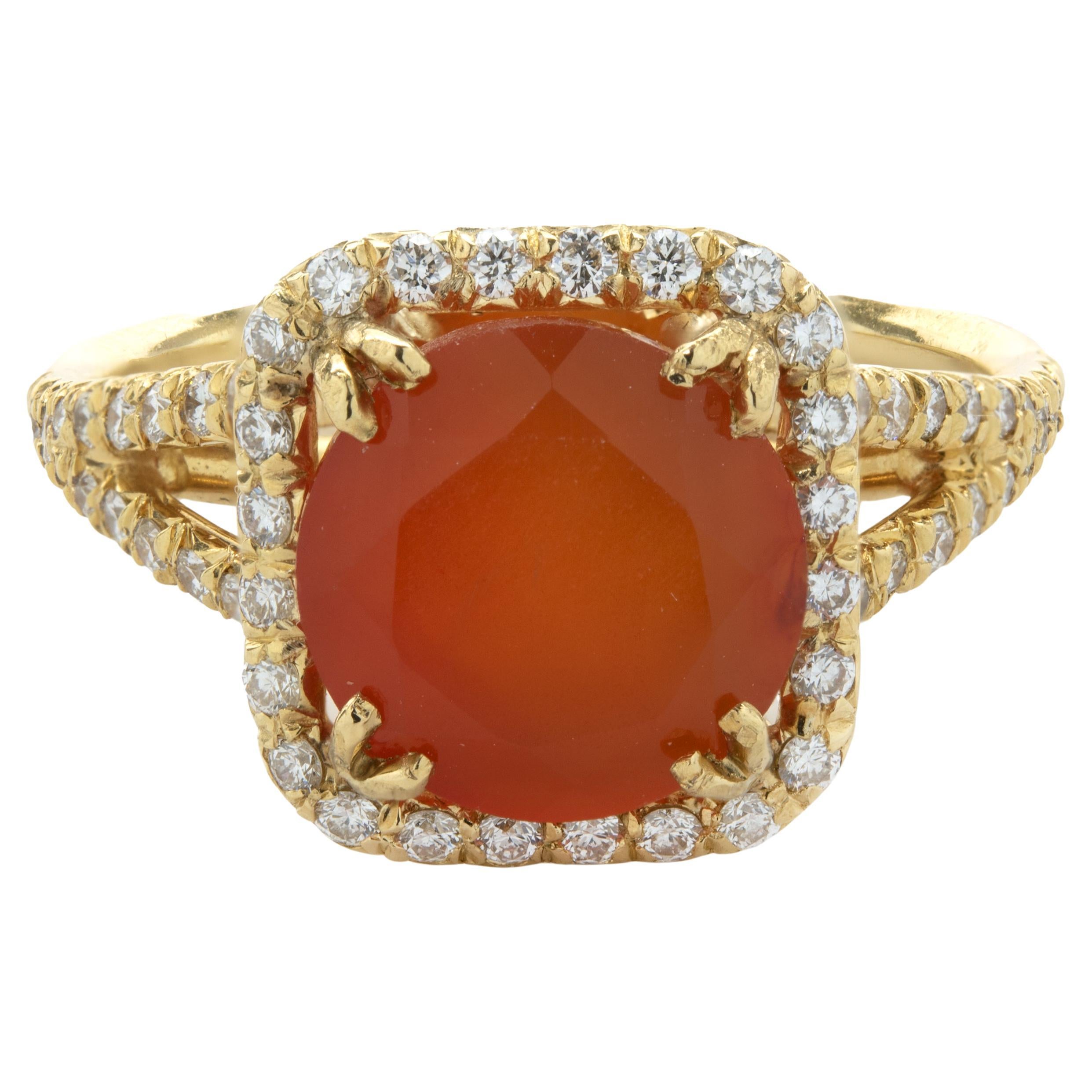 18 Karat Yellow Gold Mexican Fire Opal and Diamond Ring For Sale