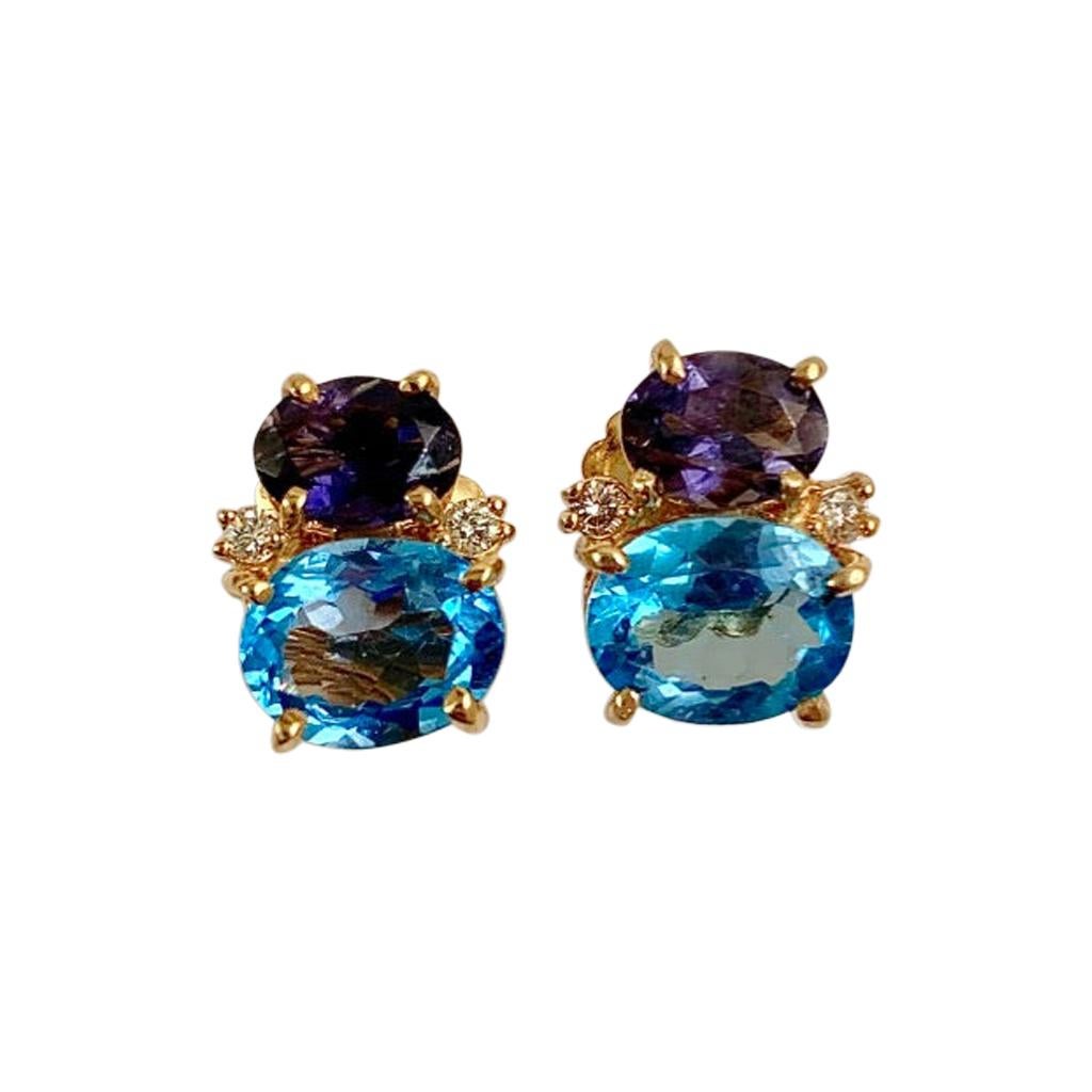 18 Karat Yellow Gold Mini GUM DROP Iolite Blue Topaz Diamond Earrings