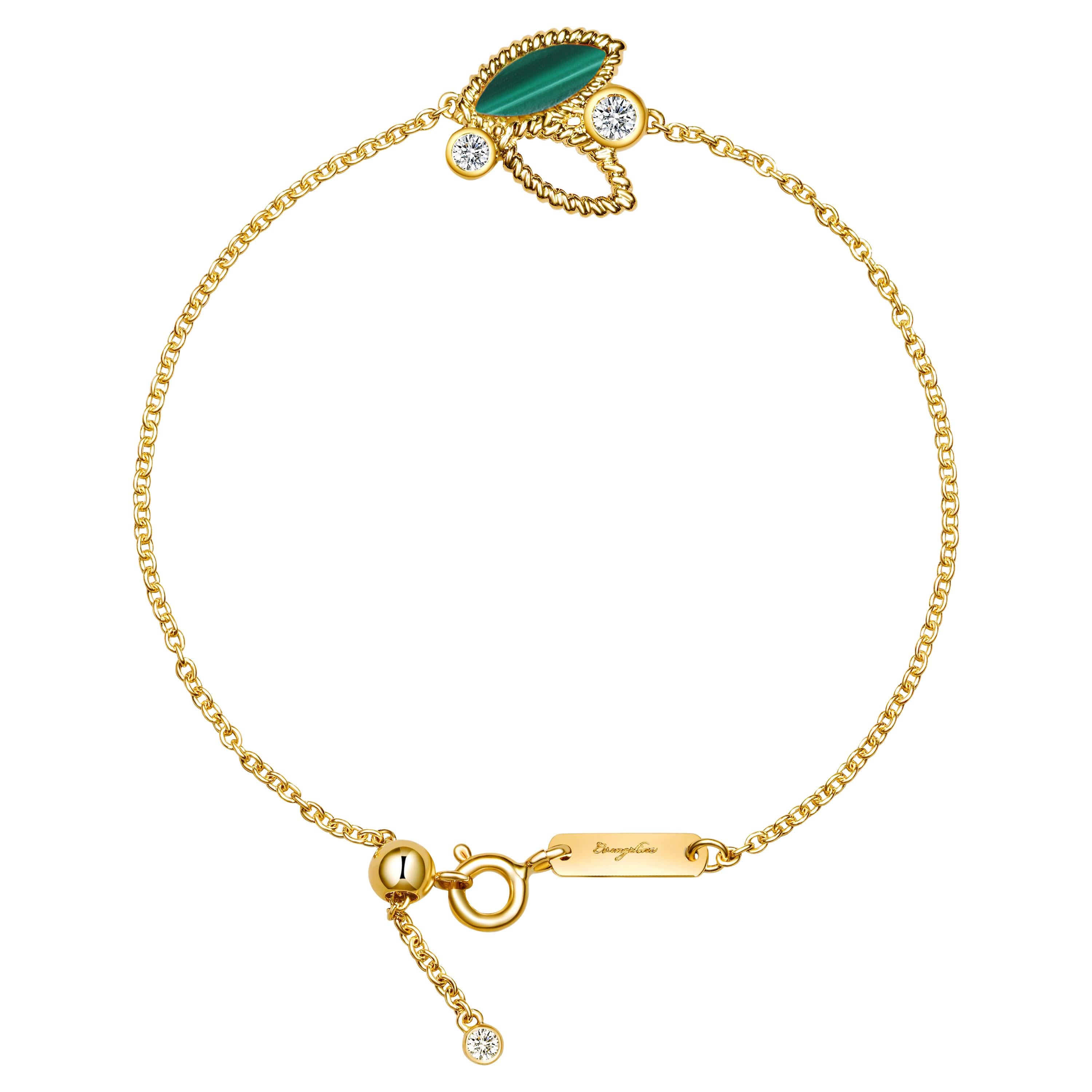 18 Karat Gelbgold Mini Q Garten-Armband mit Diamanten und grünem Malachit