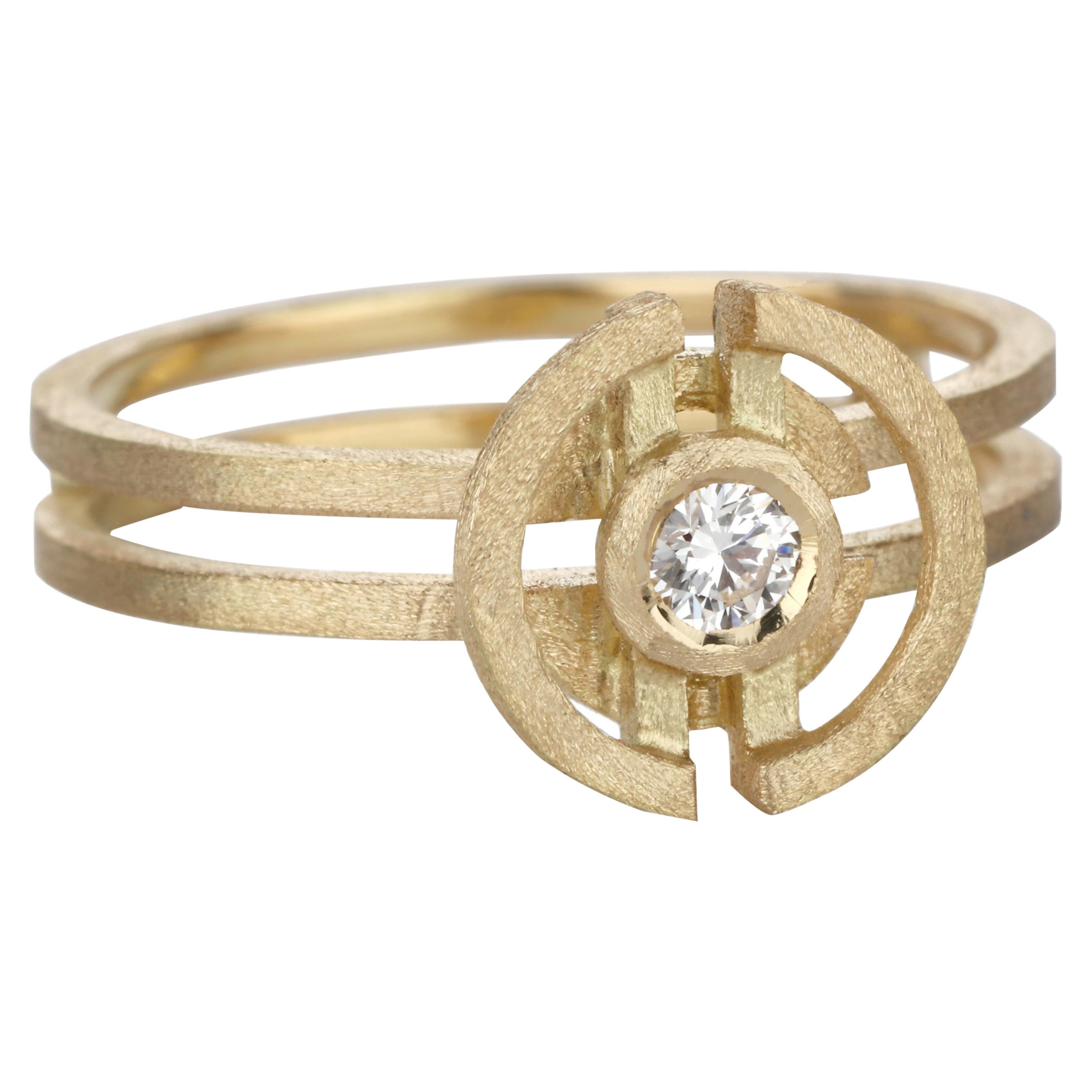 18 Karat Yellow Gold Mini Three Circle Diamond Engagement Ring For Sale