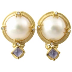 18 Karat Yellow Gold Mobe Pearl Amethyst and Diamond Earrings