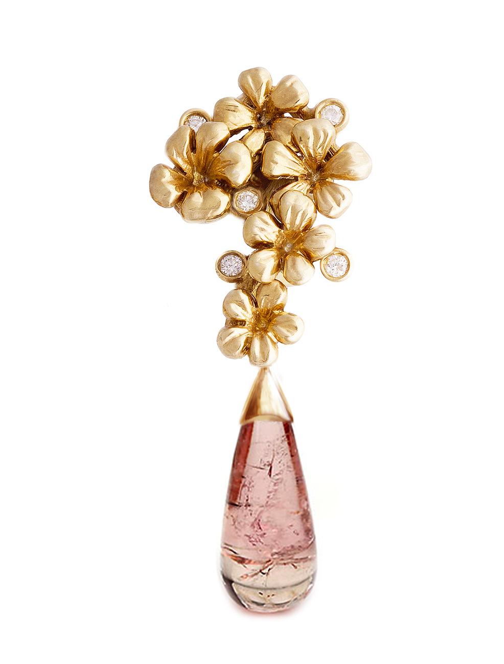 Taille cabochon Boucles d'oreilles cocktail modernes en or jaune 18 carats avec diamants et tourmalines roses en vente