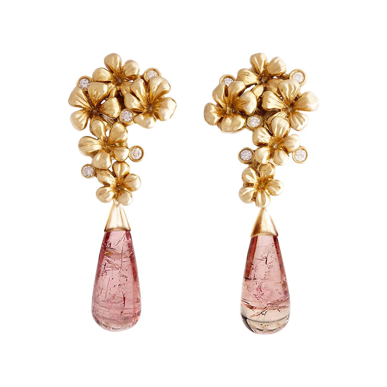 18 Karat Yellow Gold Modern Cocktail Earrings with Diamonds and Pink Tourmalines For Sale