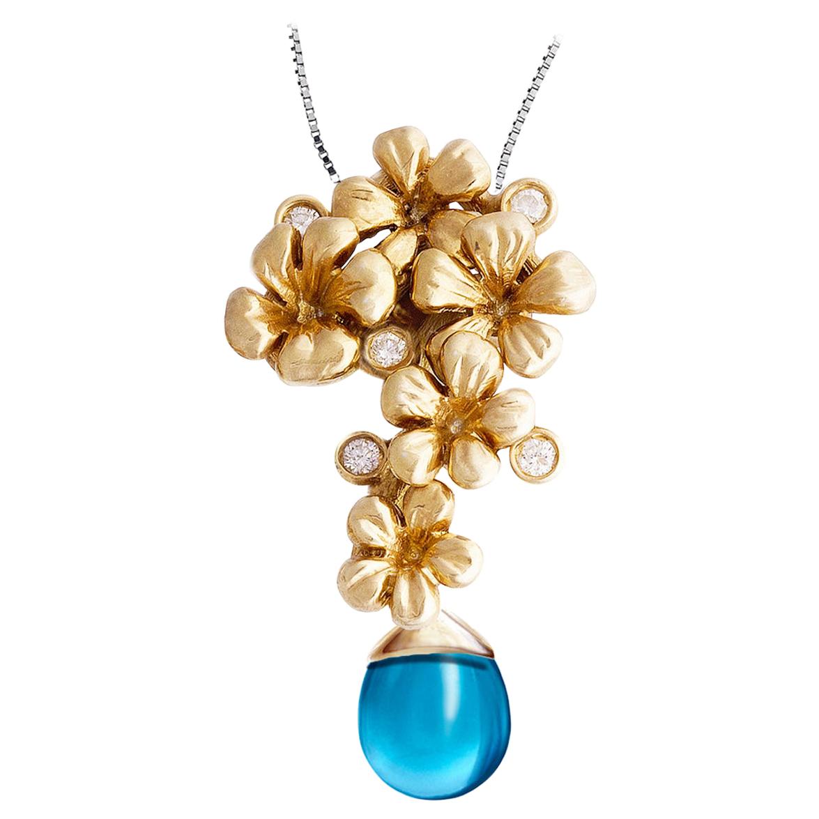 Yellow Gold Modern Pendant Necklace with Diamonds and Removable Topaz For Sale