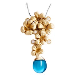 Yellow Gold Modern Pendant Necklace with Diamonds and Removable Topaz