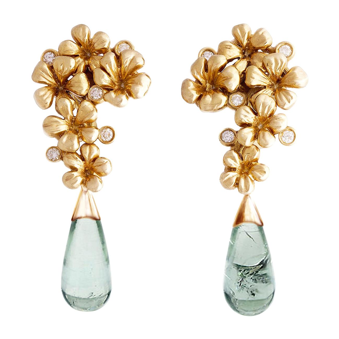 Yellow Gold Modern Style Clip-On Earrings with Diamonds and Tourmalines For Sale