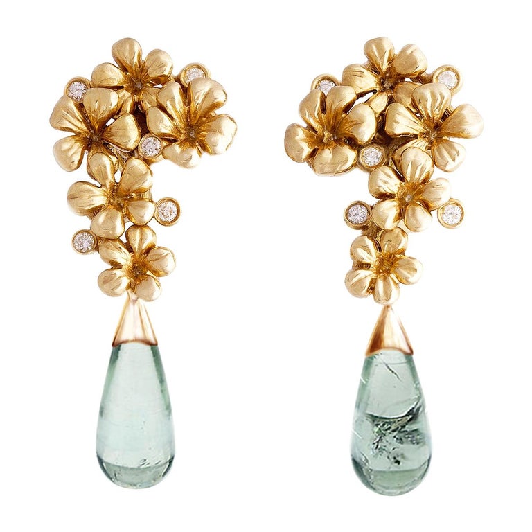 Yellow Gold Modern Style ClipOn Earrings with Diamonds and Tourmalines