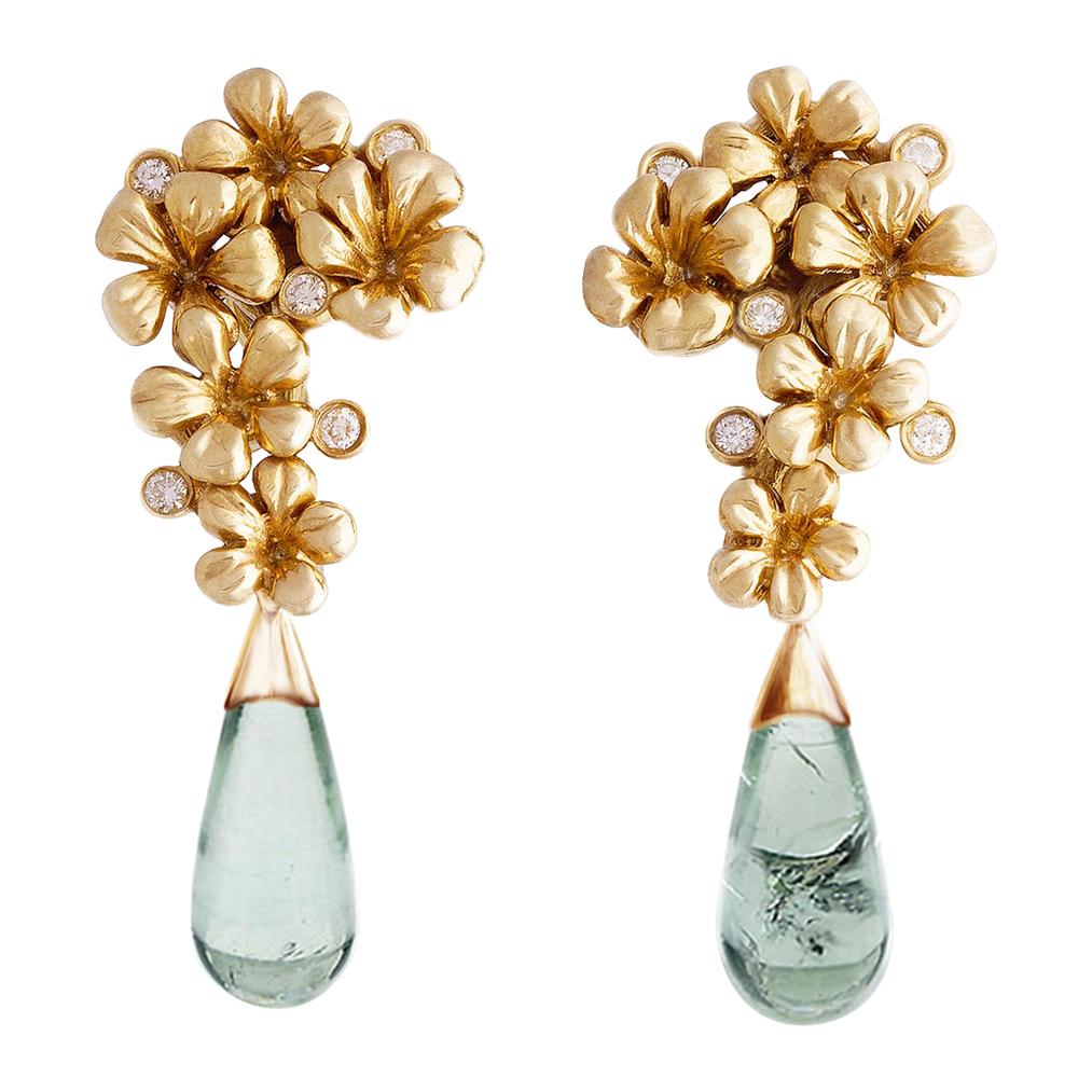 Eighteen Karat Yellow Gold Modern Style Earrings with Diamonds and Tourmalines