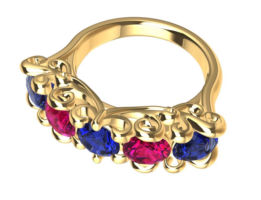 For Sale:  18 Karat Yellow Gold Modern Victorian Sapphires and Rubies Cocktail Ring 4