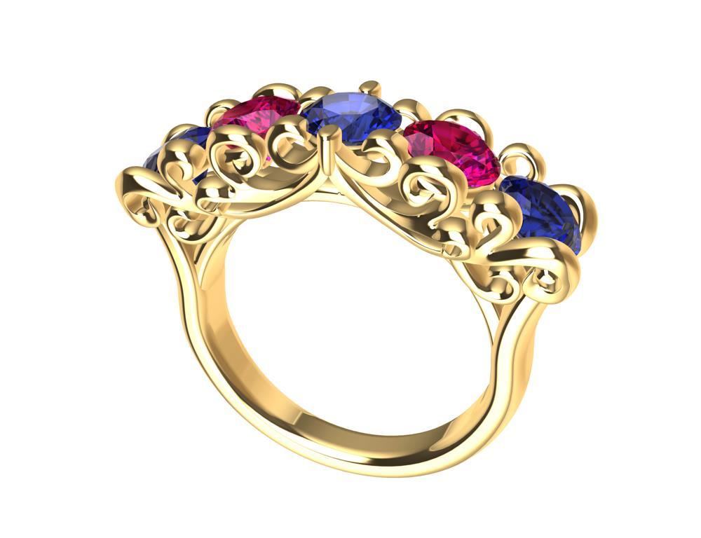 For Sale:  18 Karat Yellow Gold Modern Victorian Sapphires and Rubies Cocktail Ring 5