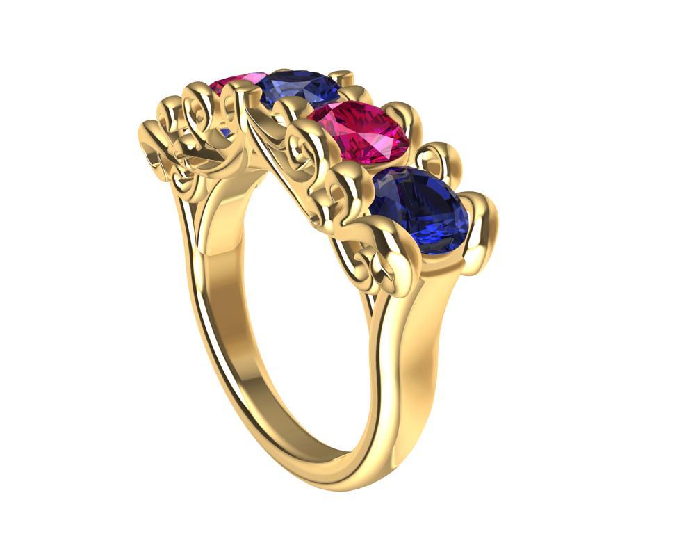 18 Karat Yellow Gold Modern Victorian Sapphires and Rubies Cocktail Ring 6