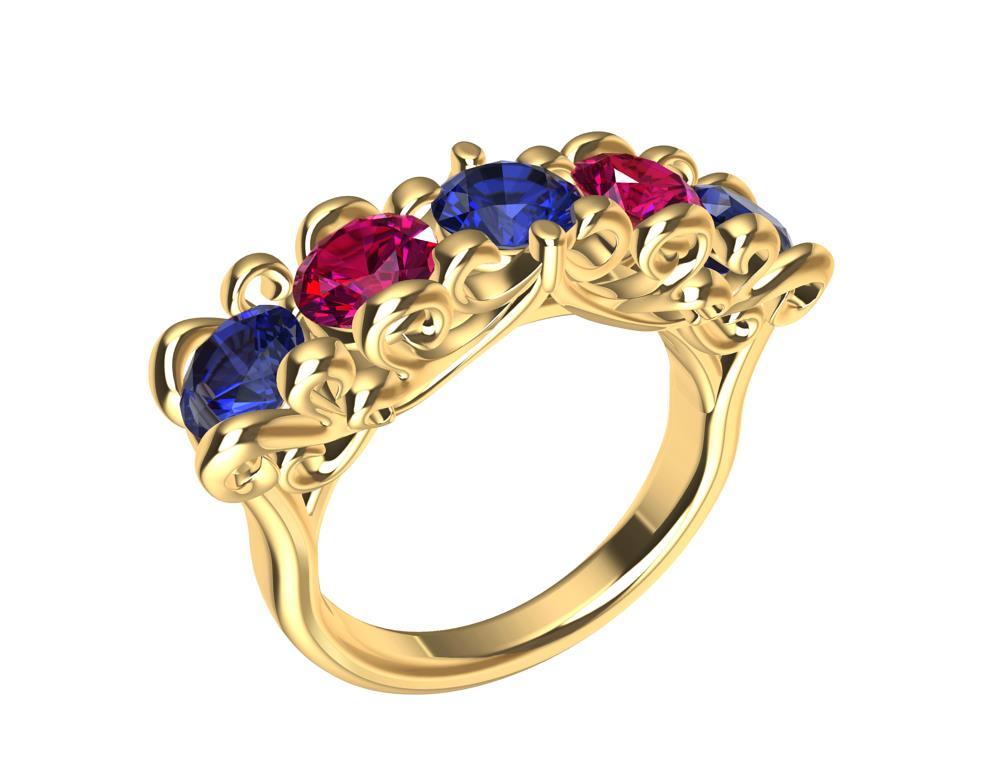 18 Karat Yellow Gold Modern Victorian Sapphires and Rubies Cocktail Ring 7
