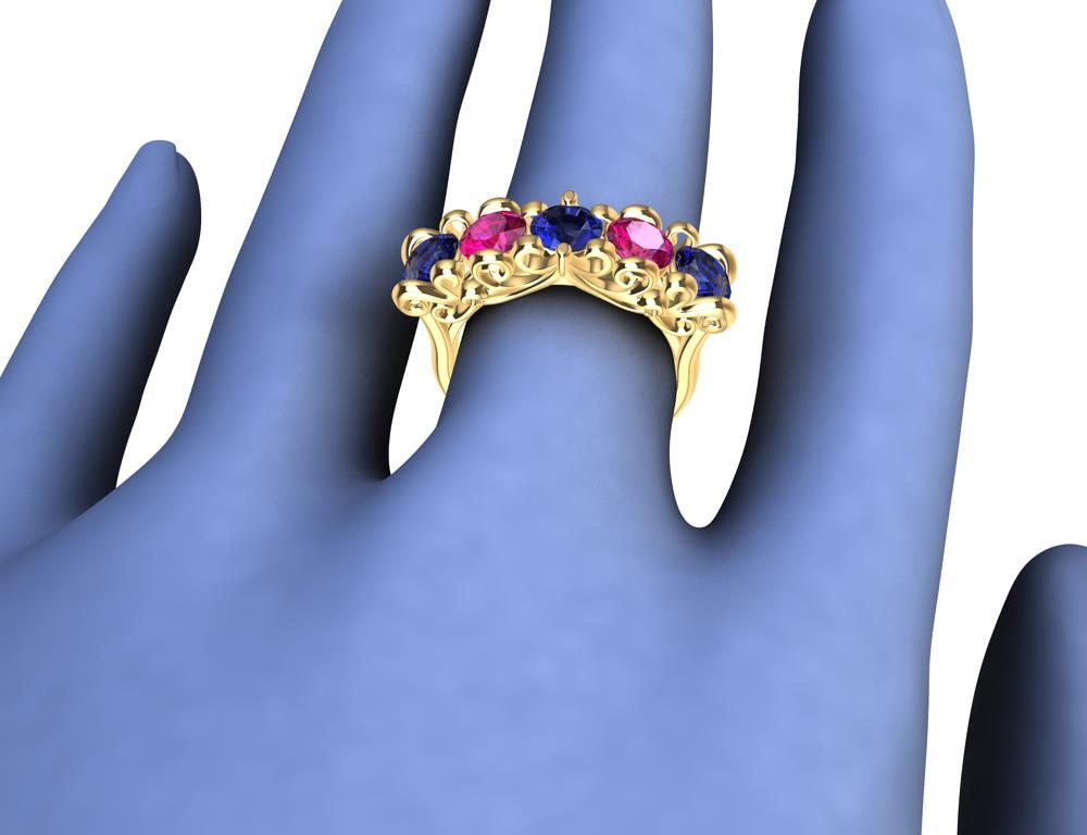 18 Karat Yellow Gold Modern Victorian Sapphires and Rubies Cocktail Ring 9
