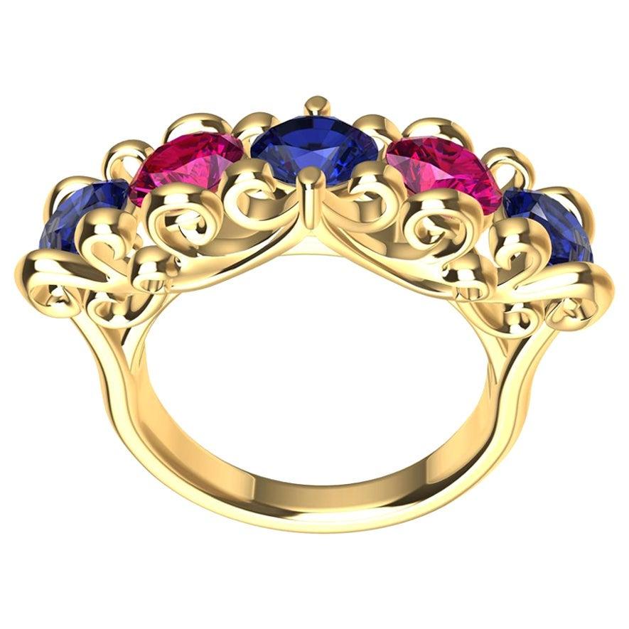 For Sale:  18 Karat Yellow Gold Modern Victorian Sapphires and Rubies Cocktail Ring