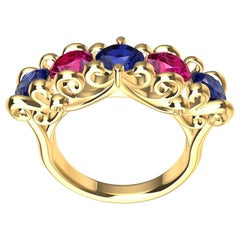 18 Karat Yellow Gold Modern Victorian Sapphires and Rubies Cocktail Ring