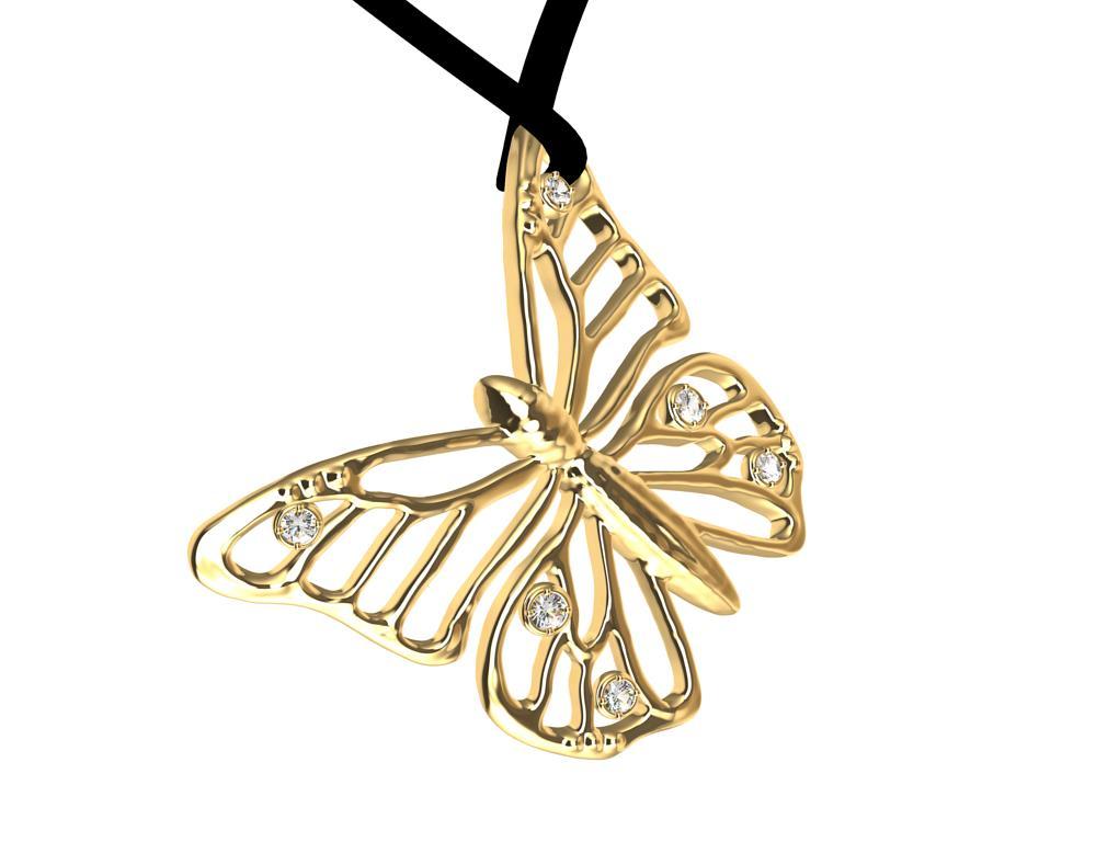 Taille ronde Collier pendentif en or jaune 18 carats avec papillon de papillon et diamants certifiés GIA en vente