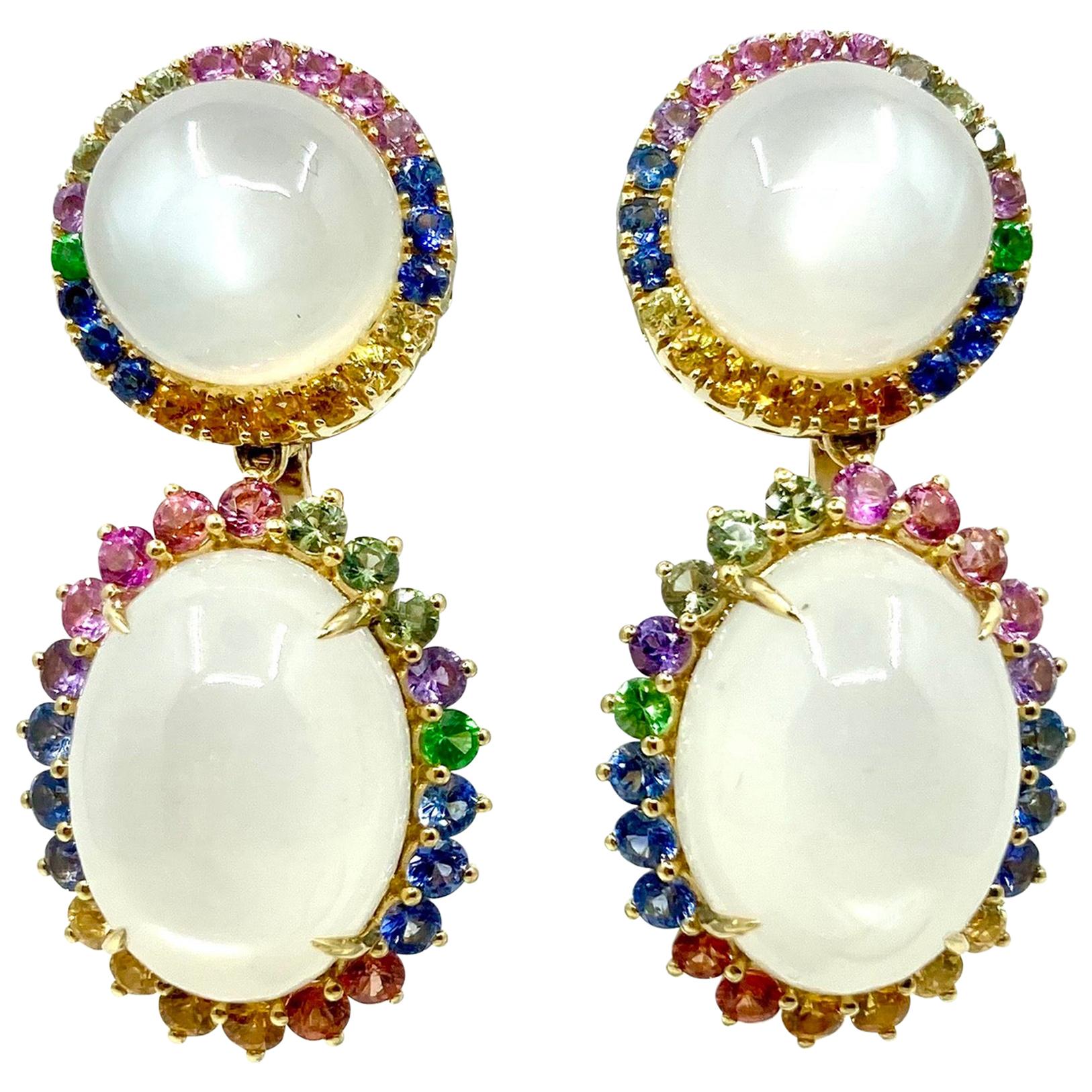 18 Karat Yellow Gold Moonstone and Multi-Color Sapphires Earrings For Sale