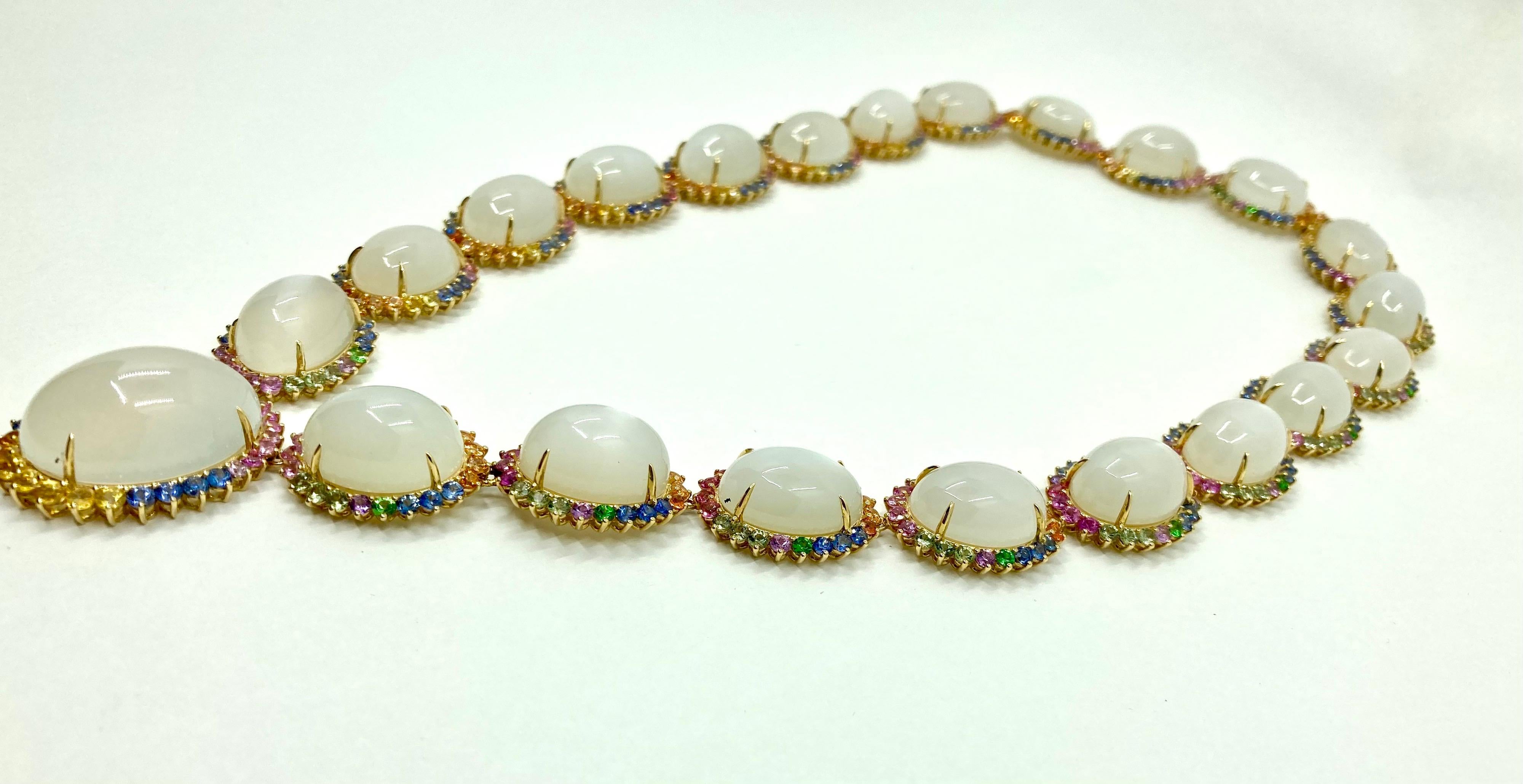 Modern 18 Karat Yellow Gold Moonstone and Multi-Color Sapphires Necklace For Sale