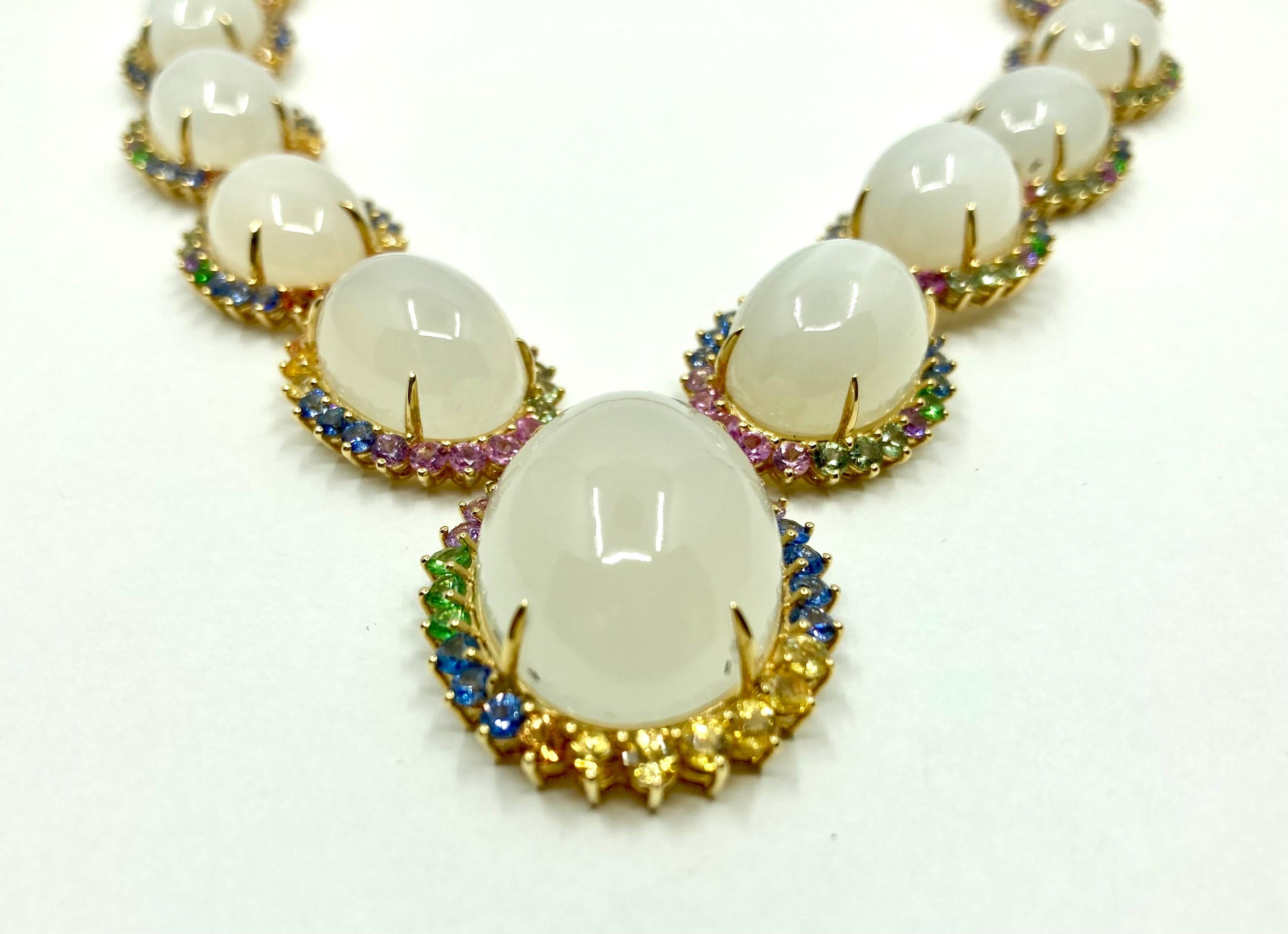 18 Karat Yellow Gold Moonstone and Multi-Color Sapphires Necklace In New Condition For Sale In Valenza, IT