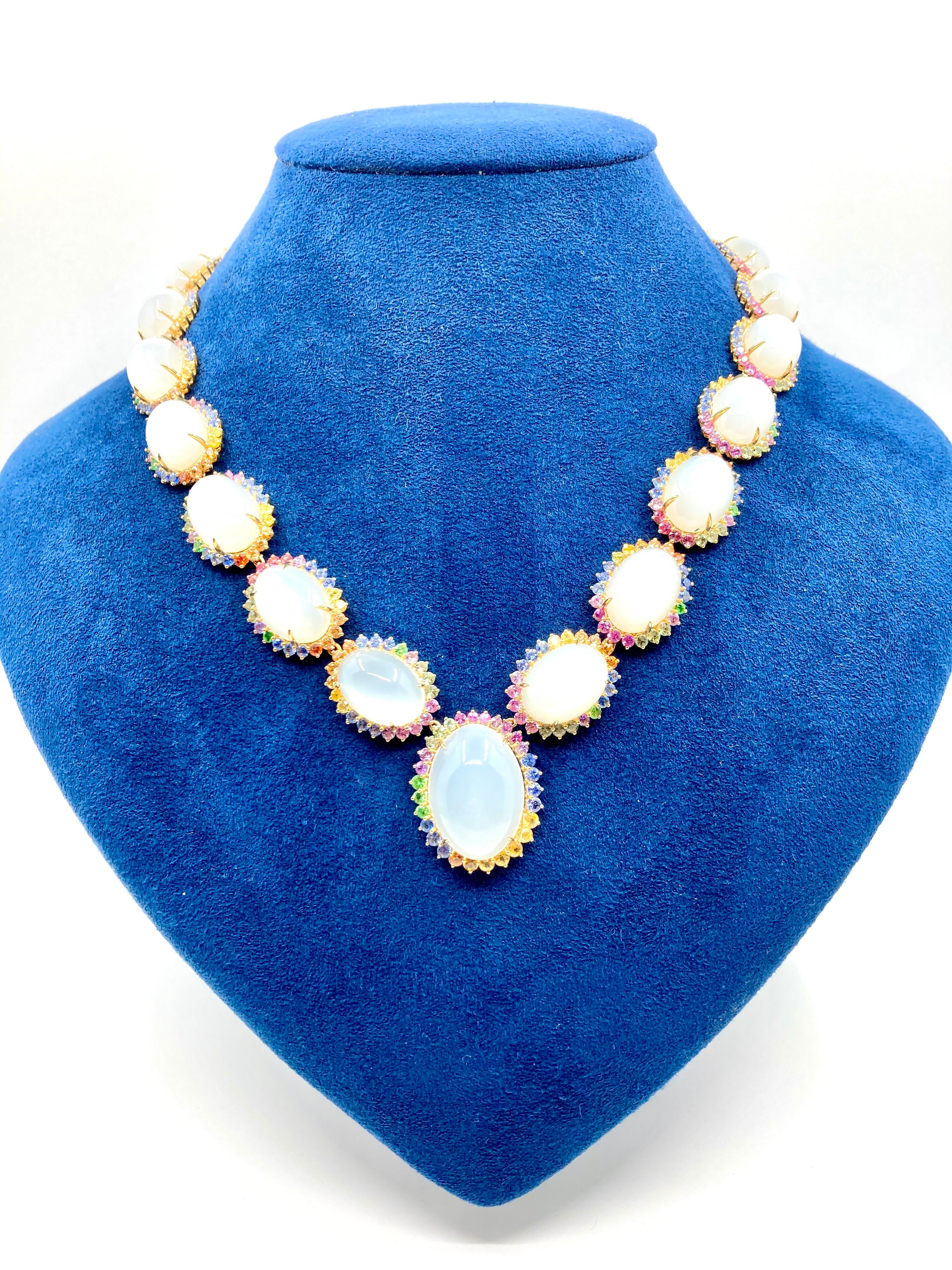 Women's 18 Karat Yellow Gold Moonstone and Multi-Color Sapphires Necklace For Sale
