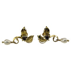Boucles d'oreilles en or jaune 18 carats, pierre de lune et perles