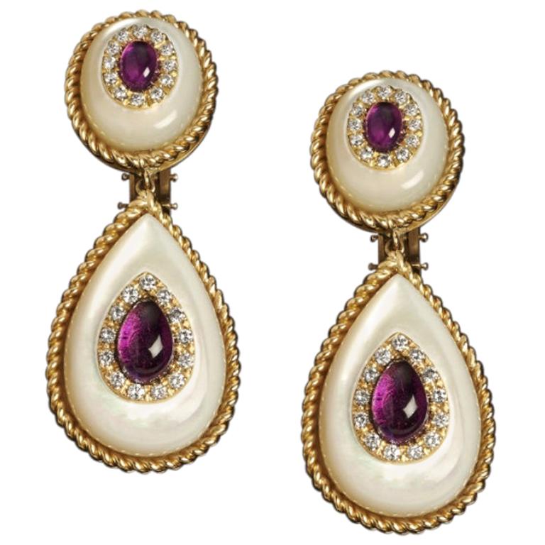 Veschetti 18 Karat Yellow Gold, Mother of Pearl, Amethyst and Diamond Earrings