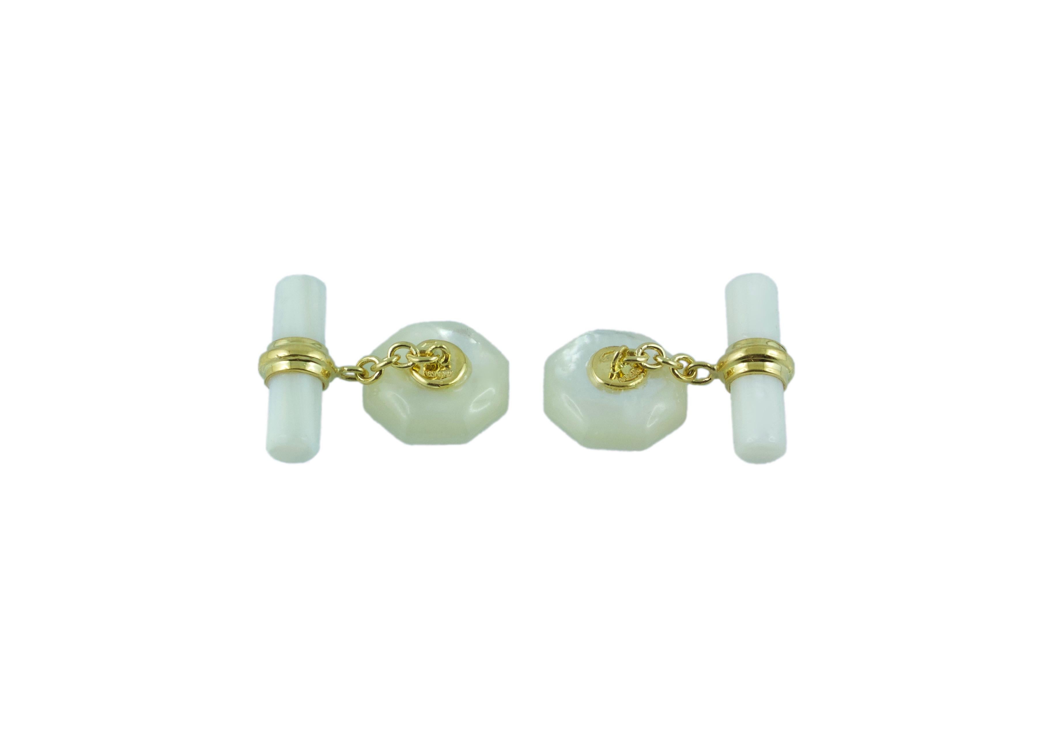 Mixed Cut 18 Karat Yellow Gold Mother-of-Pearl Cufflinks with Rubies For Sale