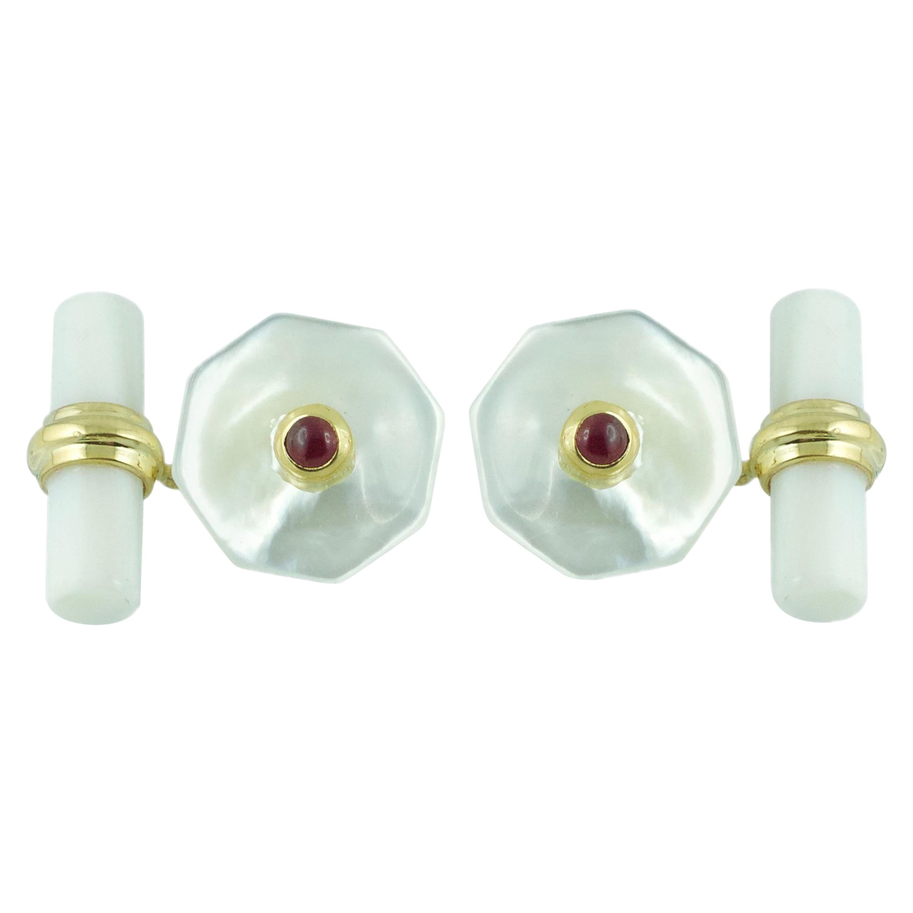 18 Karat Yellow Gold Mother-of-Pearl Cufflinks with Rubies