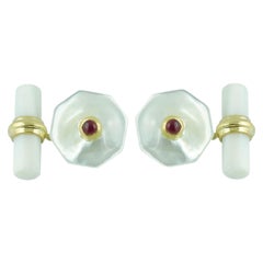 18 Karat Yellow Gold Mother-of-Pearl Cufflinks with Rubies