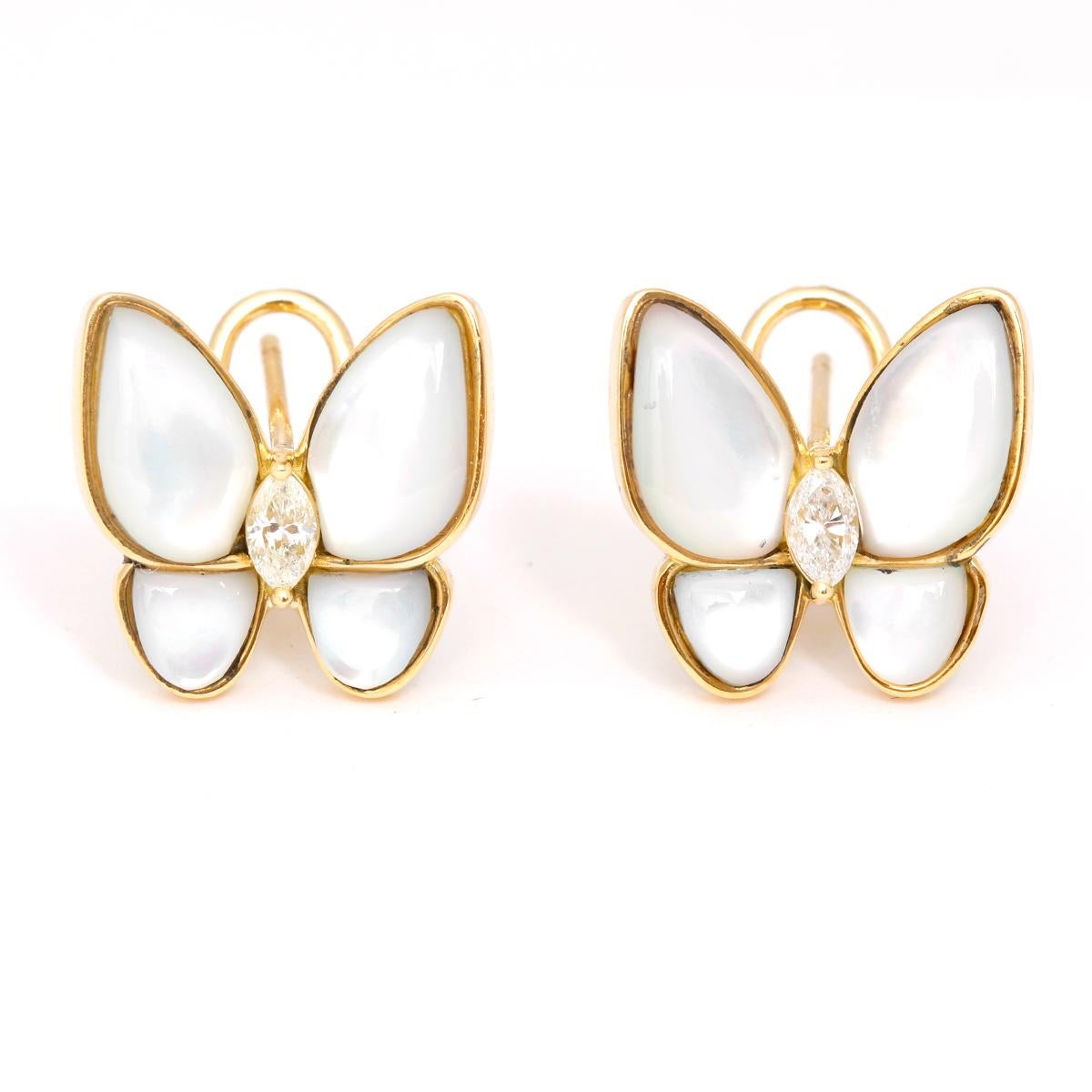 18 Karat Yellow Gold Mother-of-Pearl Diamond Butterfly Earrings In New Condition In Dallas, TX
