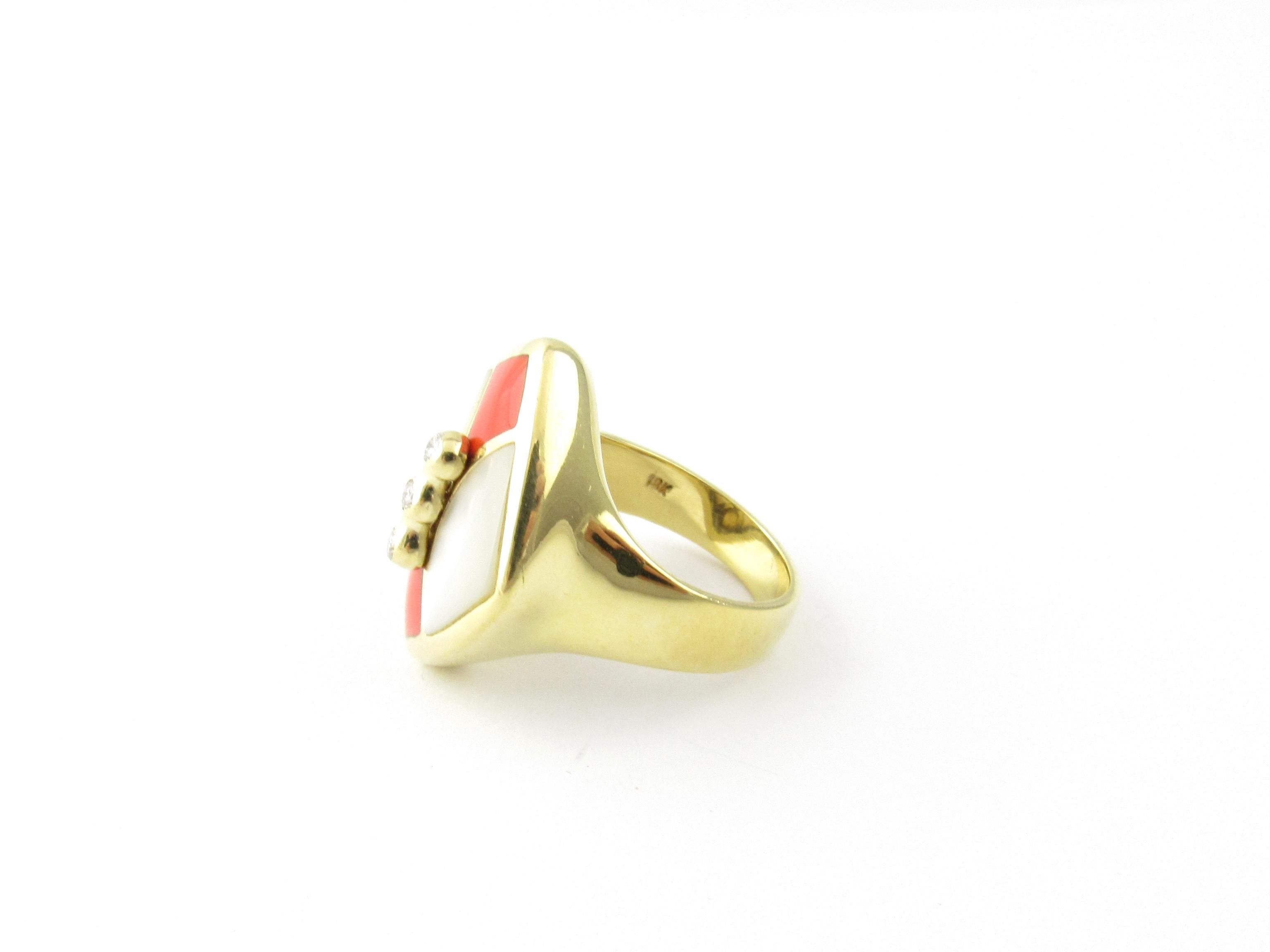 Vintage 18 Karat Yellow Gold Mother of Pearl Enamel and Diamond Ring Size 5.75

This lovely ring is decorated with red enamel, mother of pearl and three round brilliant cut diamond set in classic 18K yellow gold. Top of ring measures 22 mm x 19 mm.