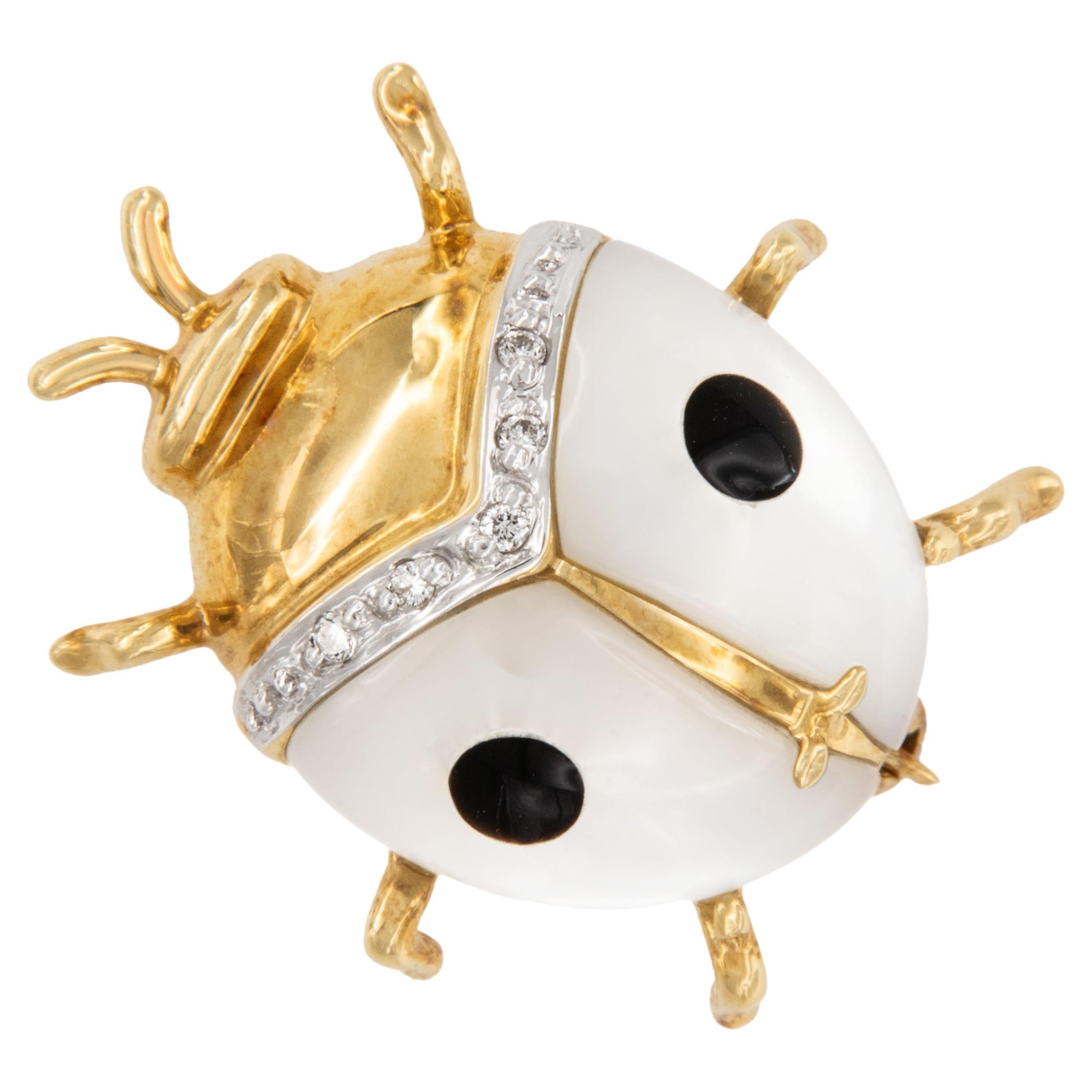 18 Karat Gelbgold Perlmutt Onyx und Diamant Marienkäfer Pin