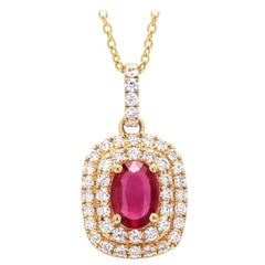 18 Karat Yellow Gold Mozambique No Heat Ruby Halo Diamond Necklace