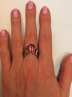 18 Karat Yellow Gold, Multi-Color, Multi-Stone Channel Set Baguette Band Ring