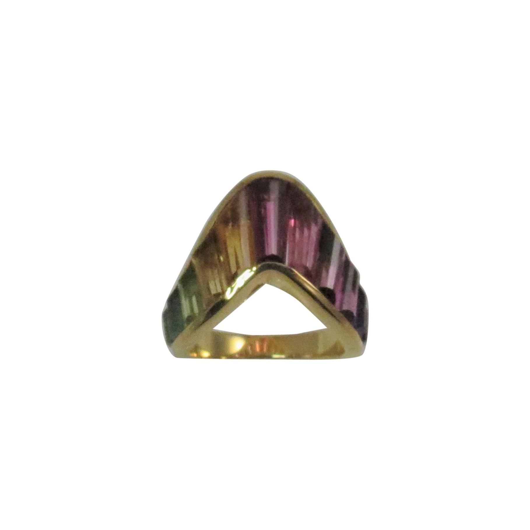 18 Karat Yellow Gold, Multi-Color, Multi-Stone Channel Set Baguette Band Ring For Sale